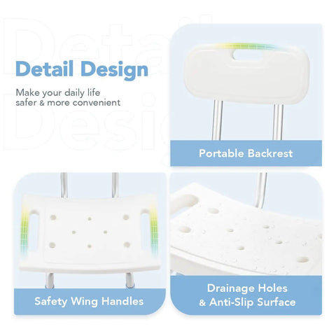 Adjustable Bathtub Shower Chair With Removable Back No Fuss Tool Free Assembly Anti Slip Bath Stool showing backrest, handles, and seat details