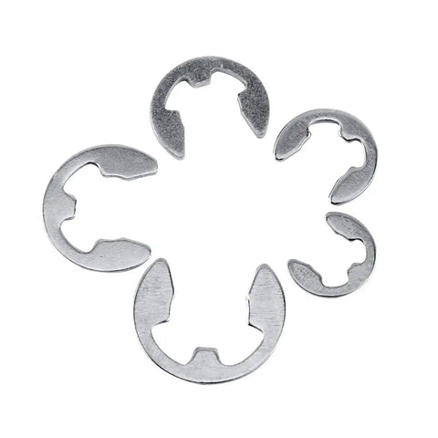 E Clip Assortment Kit 120 Pieces Durable Stainless Steel Circlip Snap Rings for Machine Shafts 1.5 to 10 mm Silver Sweet for DIY Auto Repairs and Home Upgrades Gear Head Approved. Close-up of assorted stainless steel E clips