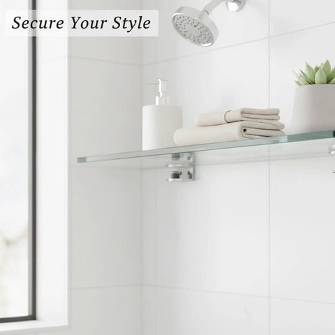 Semi Circular Zinc Alloy Glass Shelf Clamp Mounting Bracket in bathroom with glass shelf, towels, and plant.