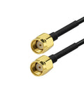 Close-up of two RP-SMA connectors for WiFi 6E Tri Band Antenna with Magnetic Base and RPSMA Extension Cable for PC Desktop and Security Cameras.