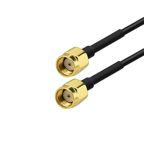 Close-up of two RP-SMA connectors for WiFi 6E Tri Band Antenna with Magnetic Base and RPSMA Extension Cable for PC Desktop and Security Cameras.