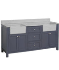 72 Inch Farmhouse Double Bathroom Vanity In Marine Gray Featuring Thick Engineered Marble Top And White Apron Sinks with solid wood drawers.