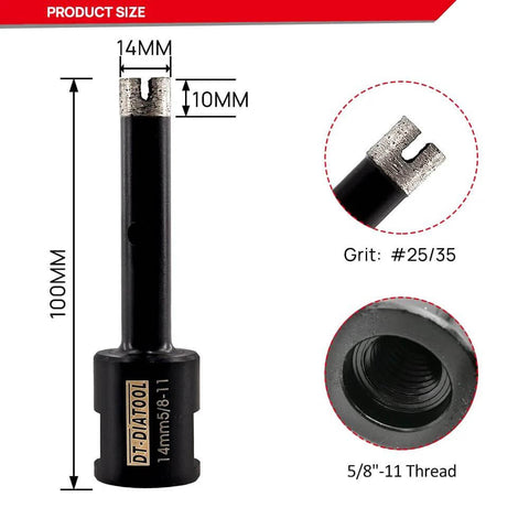 DT-DIATOOL diamond drill core bit, 9/16 in (14 mm) diameter, 100 mm long, 5/8-11 thread for concrete/granite/marble.