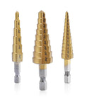 Aleric 3-piece step drill bit set, titanium-coated HSS bits with stepped sizes for aluminum, wood and plastic