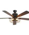 Stunning 52 Inch Retro Industrial Ceiling Fan Featuring Vintage Caged Shades And Five Reversible Solid Wood Blades With Slick Remote Controlled LED Light Kit.