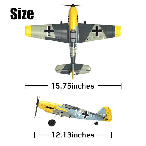 BF109 RC Airplane Ready To Fly With XPILOT Stabilization System shown in top and side view, size 15.75 x 12.13 inches