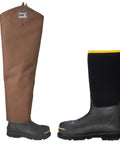 Tough As Nails Beefed Up Steel Toe Rubber Boots With Snake Proof Hip Waders Fully Waterproof Heavy Duty Work Gear close-up view of brown and black styles.