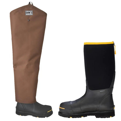 Tough As Nails Beefed Up Steel Toe Rubber Boots With Snake Proof Hip Waders Fully Waterproof Heavy Duty Work Gear close-up view of brown and black styles.
