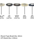 Selection of rotary buffing wheels, features gray, brown, and black bristle types, HP shank 2.35mm, 22mm diameter.