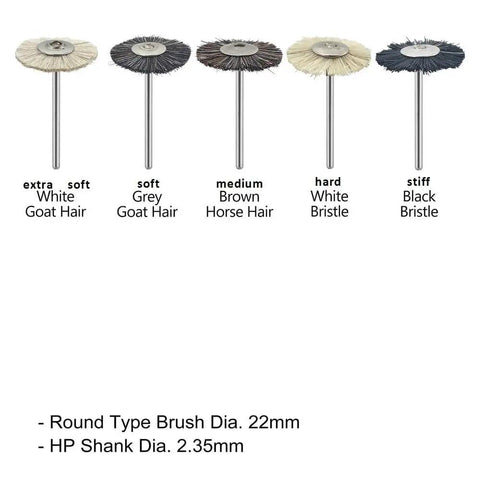 Selection of rotary buffing wheels, features gray, brown, and black bristle types, HP shank 2.35mm, 22mm diameter.