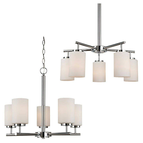 Oslo Five Chrome Chandelier Hanging Modern Fixture With Cased Opal Etched Glass Shades Steel Build 24 Inch Diameter 20 Inch Height