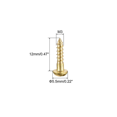 Brass Wood Screws M3 X 12mm Slotted Round Head Self Tapping Fasteners shown with measurements, corrosion-resistant for DIY use.