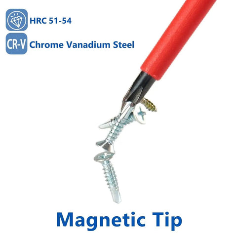 Close-up of insulated electrician screwdriver from 9 piece 1000V set with magnetic chrome vanadium steel tip holding screws.