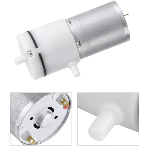 Front view of micro air pump, DC 12V; white plastic front with drive shaft and metal motor housing.