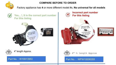 Comparison of correct and incorrect washer shift actuator part numbers for Whirlpool appliances, with visual differences highlighted.