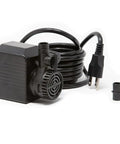 430 GPH Pond Pump 120V Submersible Fountain Pump With Auto Low Water Shut Off, shown with power cord and adapter, front view.
