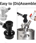 Ball Lock Quick Disconnect Set for Home Brewing Kegs With Five Sixteenths Gas Barbs and One Quarter Inch Liquid Barbs Includes Stainless Steel Hose Clamps For Secure Connections and Easy Keg System Upgrades., black and white ball lock keg disconnects shown with threaded barb fittings