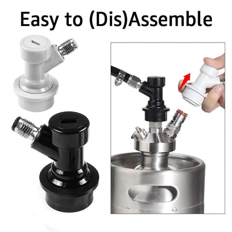Ball Lock Quick Disconnect Set for Home Brewing Kegs With Five Sixteenths Gas Barbs and One Quarter Inch Liquid Barbs Includes Stainless Steel Hose Clamps For Secure Connections and Easy Keg System Upgrades., black and white ball lock keg disconnects shown with threaded barb fittings