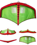 Inflatable Wing Foil For Water Sports with Handheld Surf Wing, green and red design, shown from multiple angles.