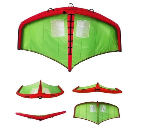 Inflatable Wing Foil For Water Sports with Handheld Surf Wing, green and red design, shown from multiple angles.