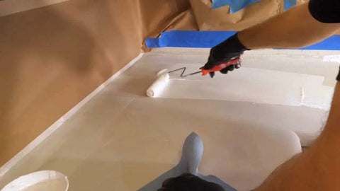 Person using Two Pack Pro Grade Quarter Inch Microfiber Roller Sleeves For Epoxy Resin And Painting No Shed Nap For Woodworking on surface