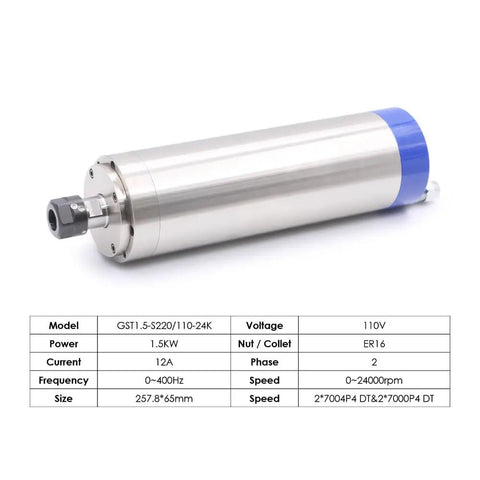 Dope 1.5KW ER16 Water Cooled CNC Spindle Kit With 110V 400Hz Inverter VFD lying on specifications table