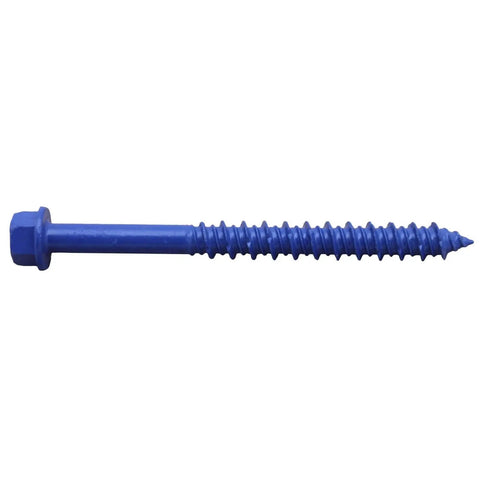 Blue Concrete Anchor Screws 1/4 Inch By 2.75 Inch Hardened Carbon Steel Masonry Fasteners Anti Rust Finish. Close-up of a single blue screw.