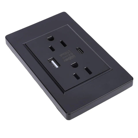 Next Level Wall Outlet With Fast Usb C And Dual Usb A Ports 15 Amp Electrical Receptacle in sleek black design showing ports.