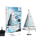 Voyager 400 2.4GHz RC Sailboat with Detachable Motor for Indoor or Windless Day Sailing, model and remote next to packaging.