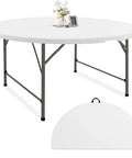 5 Foot Round Folding Table With Carrying Handle White Portable Plastic Table For Parties Dining Weddings Camping Picnics And Indoor Outdoor Events That Folds In Half For Easy Storage And Grab And Go Transport