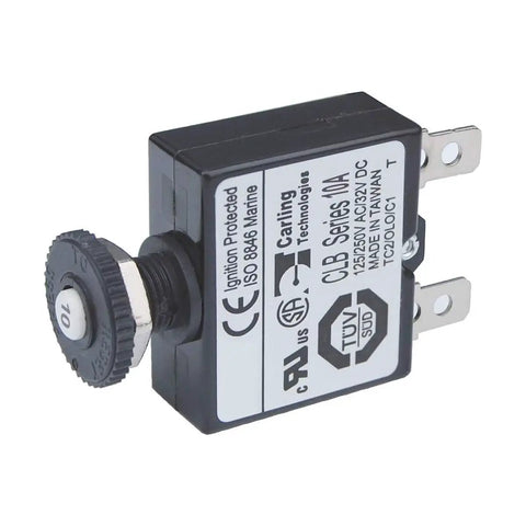 Heavy Duty Ten Amp Circuit Breaker Featuring Bulletproof Plug And Play Quick Connect Wiring Harness With Push Button Reset, close-up view.