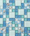 Ocean Breeze Glass Tile Set Blue And Green With Sea Shell Accents Beachy Coastal Mosaic For Kitchen Backsplash Bathroom Walls