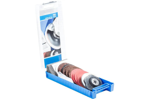 Combiclick Disc Set 19 Piece Kit For Rough Grind To Showroom Shine On An Angle Grinder With Four And One Half Inch Diameter And Five Eighths Inch Thread Includes Coated And Nonwoven Discs For Surface Conditioning To Mirror Finish
