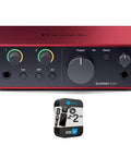 Scarlett Solo 4th Gen USB Audio Interface Bundle With Microphone And Guitar Preamps Studio Quality Sound 120dB Dynamic Range And 2 Year CPS Enhanced Protection Pack showing front panel and protection pack box.