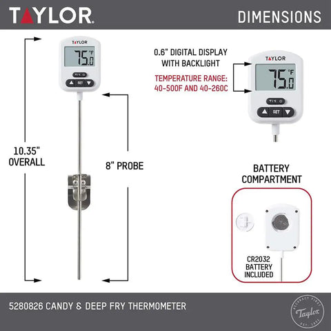 Programmable Digital Candy And Deep Fry Thermometer With Green Light Alert Display Long Stem And Adjustable Pan Clip