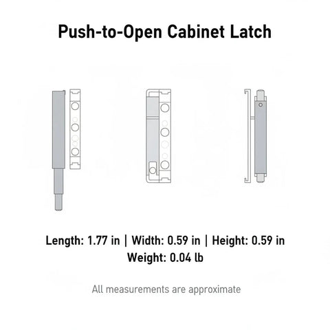 Diagram of Push To Open Magnetic Cabinet Latch Handle Free Door Catch with dimensions 1.77 x 0.59 x 0.39 inches, PP Plastic Grey.