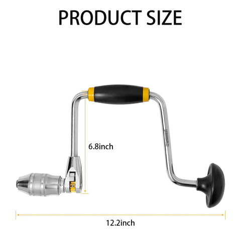 Adjustable Hand Drill Brace For Woodworking, Manual Drill With 12 Inch Compact Design, side view showing size dimensions.
