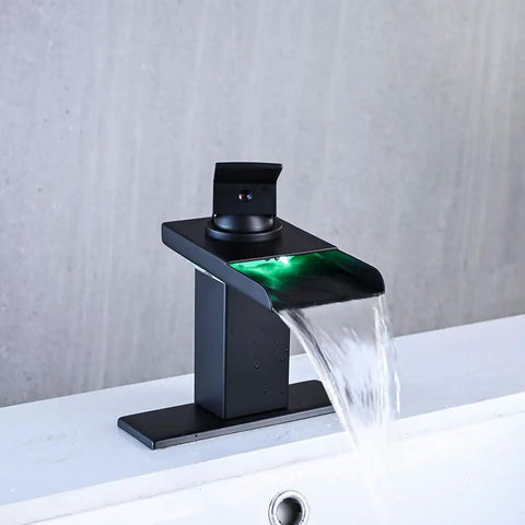 LED Temperature Sensing Matte Black Waterfall Faucet For One Hole Sinks No Sweat Install Vanity Tap With Metal Pop Up Drain
