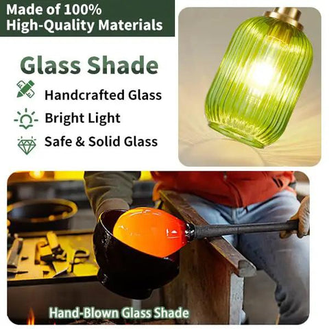 Farmhouse Island Lights for Kitchen, Kitchen Pendant Lighting over Island, handcrafted green glass shade with bright light.