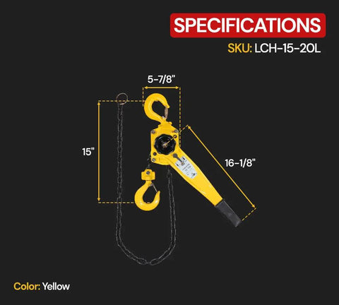 Specifications of Two Pack Viking Manual Lever Chain Hoist 1.5 Ton Lift 20 Ft Reach 3000 Lbs Capacity Heavy Duty Hooks