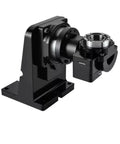 High Performance Fourth And Fifth Axis Electric Hollow Rotary Platform Delivers Dead On Precise Indexing For Cnc Machining, side view showing black metal construction.