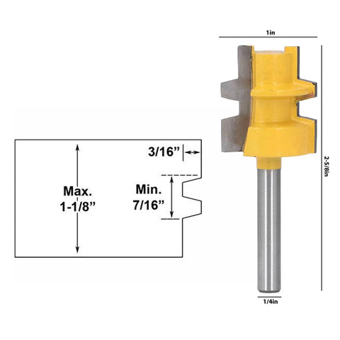 High Strength Reversible T Slot Router Bit With Tungsten Carbide Blade For Precise Woodworking Mortising And Splicing Joints Using 1/4 Inch Round Shank Cutter Tool dimensions and angle view.