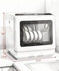 Crisp White Compact Countertop Dishwasher Boasting 28 Item Capacity with dimensions 17.7 x 17.3 x 18 inches on countertop.