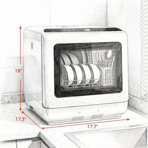 Crisp White Compact Countertop Dishwasher Boasting 28 Item Capacity with dimensions 17.7 x 17.3 x 18 inches on countertop.