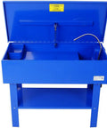 Forty Gallon Heavy Duty Parts Washer With Electric Pump And Removable Shelf, Built Tough Steel Solvent Tank Cuts Through The Grime Fast, Shop Ready Industrial Degreasing Station For Garage, top view with lid open.