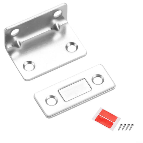 Invisible Magnetic Cabinet Latch No Drill No Hassle Install Door Catch, stainless steel, 38x24mm, showing components and screws.