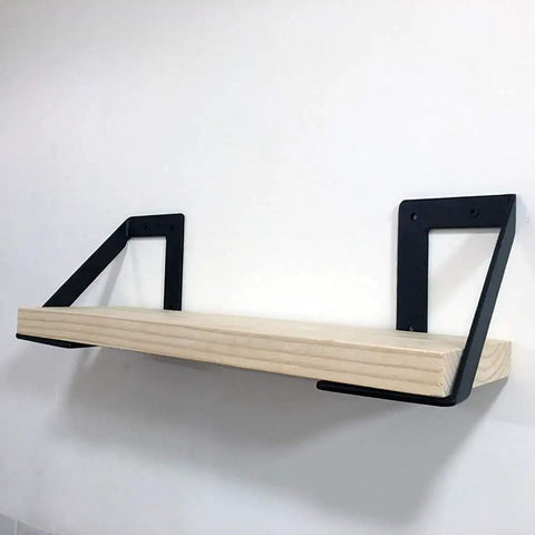 Heavy Hitter Iron Corner Brackets For Floating Shelves Built Tough Right Angle Wall Support Takes A Beating Holds Up To 176 Pounds Pair Of Two Matte Black supporting a wooden shelf.