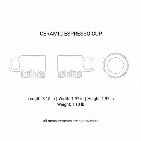 Gotta Love This Ceramic Espresso Cup With A Natural Wood Handle Kickin Up Your Daily Brew Routine While Keeping Things Cool To Touch And Looking Sharp On Any Counter Space, dimensions and measurements detailed.