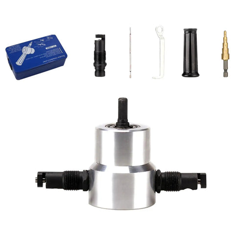 Heavy Duty Electric Sheet Metal Nibbler With Iron Sawer Punching Shears Drill Attachment showing drill mount and accessories for cutting steel.