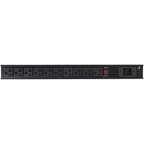 Front view of 10 Outlet Rack Mount Power Strip For 19 Inch Racks, Horizontal PDU With 125V 16A, 8ft Cord, NEMA 5-15/20R Outlets.